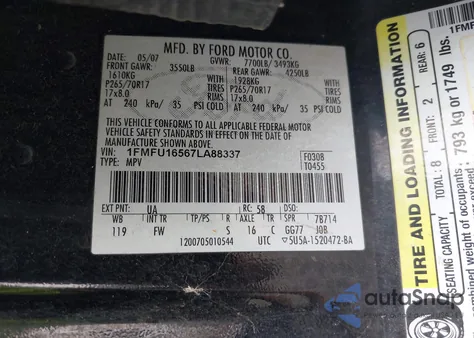 2007 Ford Expedition Xlt из США, поврежденный, VIN 1FMFU16567LA88337